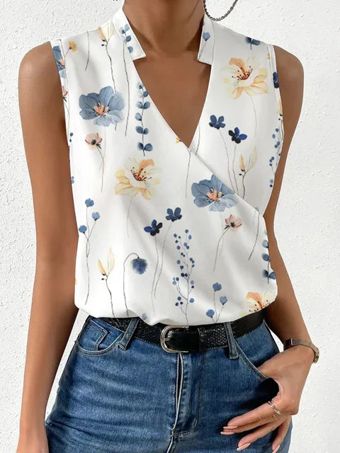 Women's Sleeveless Blouse - V-Neck Split Detail - Lightweight Floral Elegant Wear