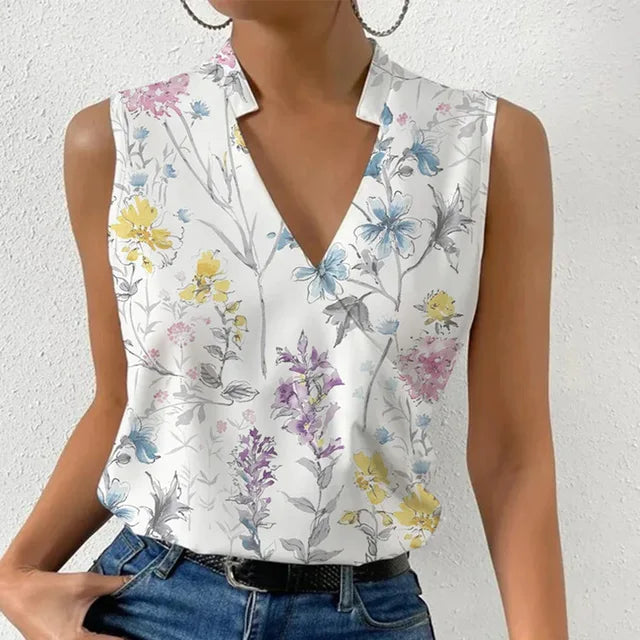 Women's Sleeveless Blouse - V-Neck Split Detail - Lightweight Floral Elegant Wear