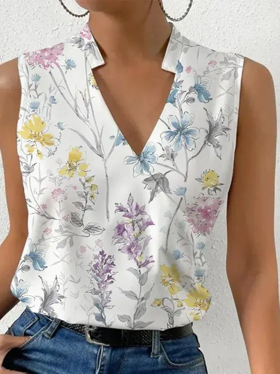 Women's Sleeveless Blouse - V-Neck Split Detail - Lightweight Floral Elegant Wear