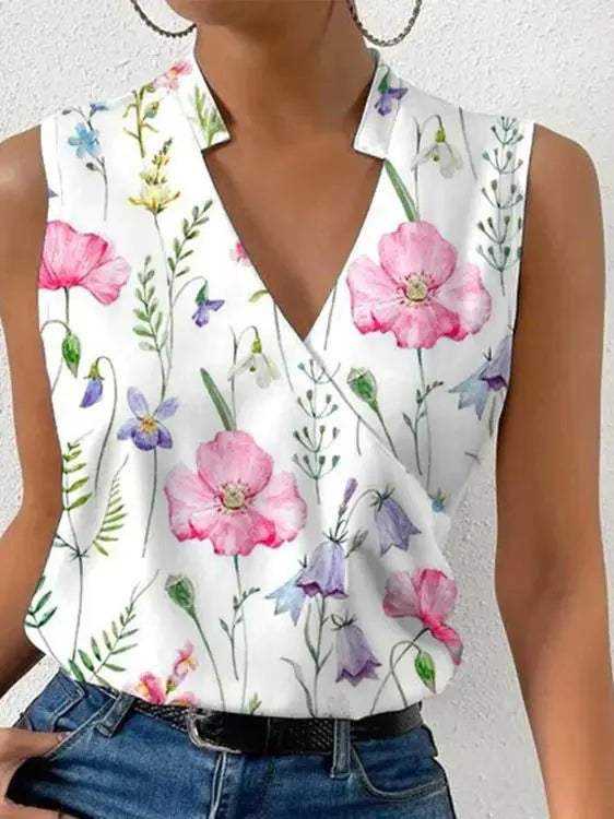 Women's Sleeveless Blouse - V-Neck Split Detail - Lightweight Floral Elegant Wear