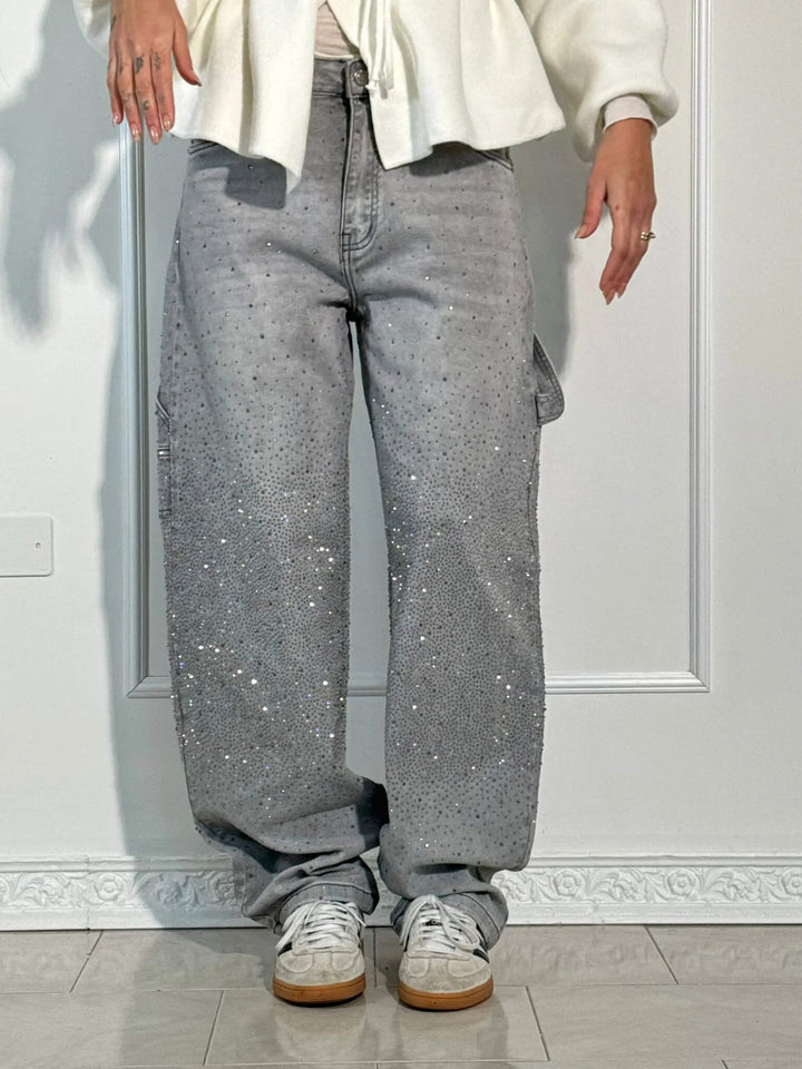 Women’s Jeans – Balloon Fit – Embellished Sparkling Details – Full Length Denim