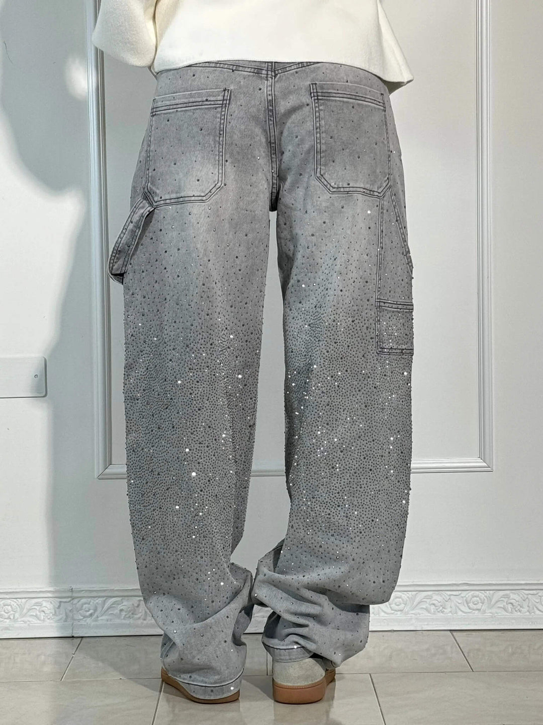 Women’s Jeans – Balloon Fit – Embellished Sparkling Details – Full Length Denim