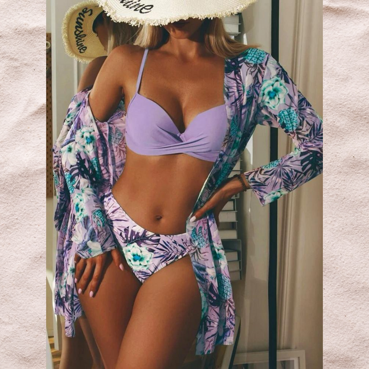 Women’s Three-Piece Bikini Set – High Waist – Crossover Top – Breathable Stretch Blend