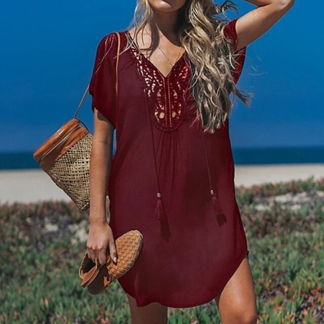 Women’s Swim Cover-Up – Relaxed Fit – Soft Breathable Blend – Crochet V-Neck – Tassel Tie