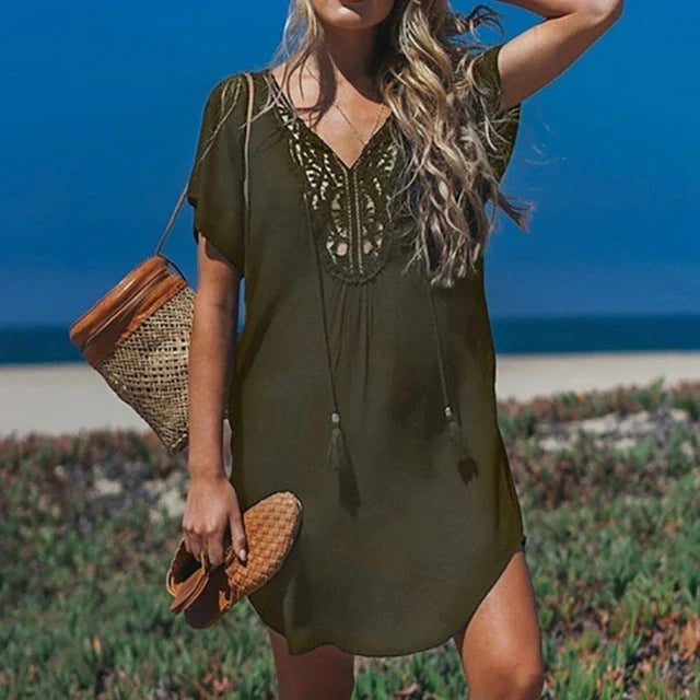 Women’s Swim Cover-Up – Relaxed Fit – Soft Breathable Blend – Crochet V-Neck – Tassel Tie