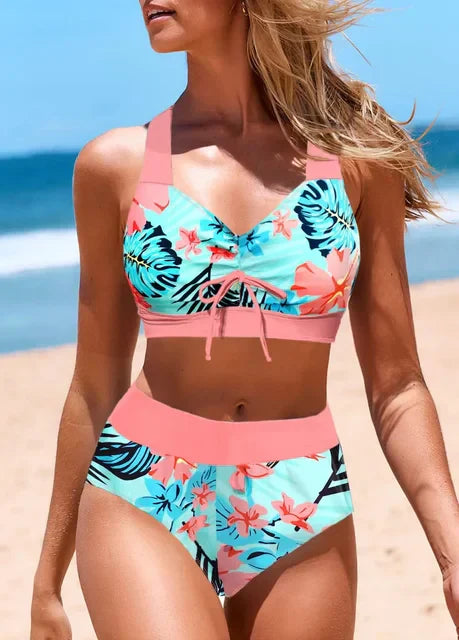 Women's Two-Piece Swimsuit - High-Waisted - Ruched Crop Top - Supportive Fit