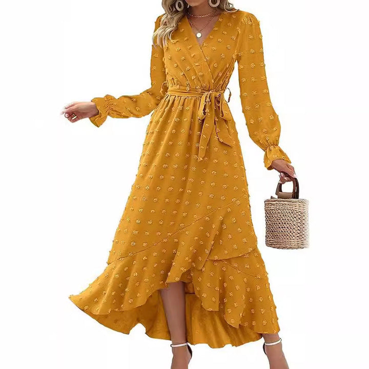 Women's Wrap Dress - V-Neck Tie Waist - Long Sleeve High-Low Hem - Elegant Flowy Fit