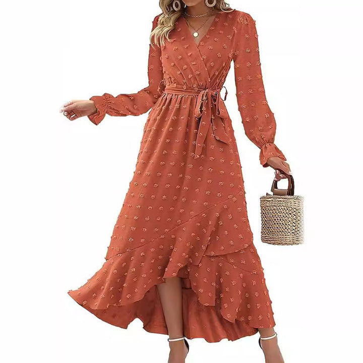 Women's Wrap Dress - V-Neck Tie Waist - Long Sleeve High-Low Hem - Elegant Flowy Fit