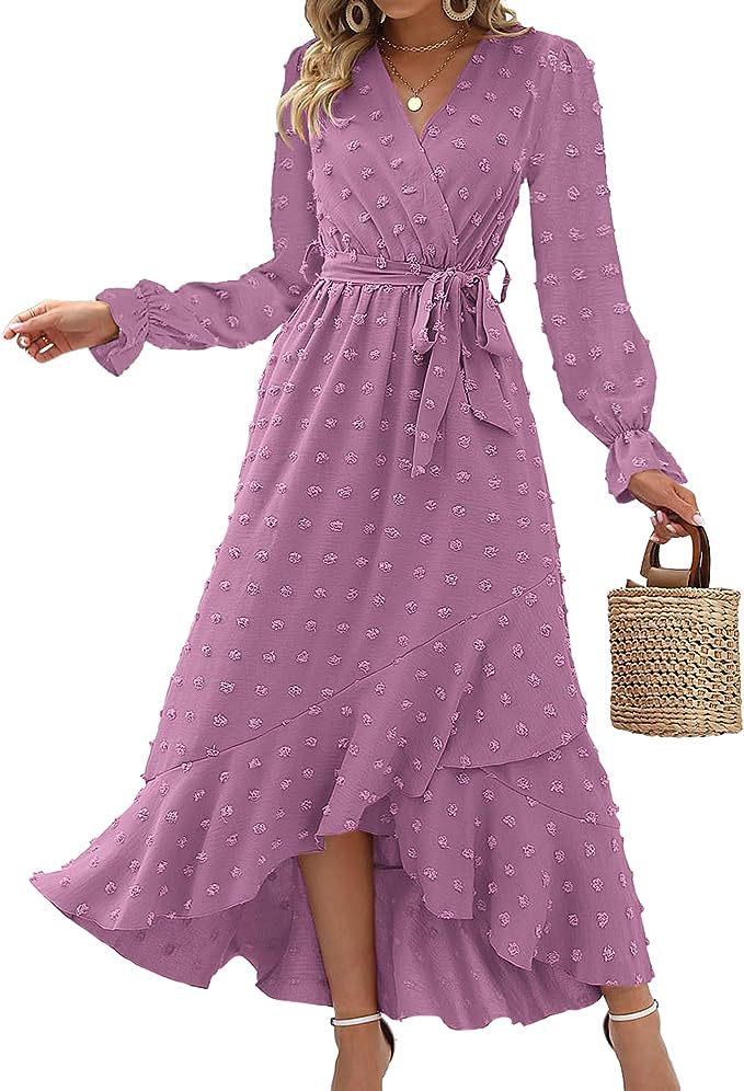 Women's Wrap Dress - V-Neck Tie Waist - Long Sleeve High-Low Hem - Elegant Flowy Fit