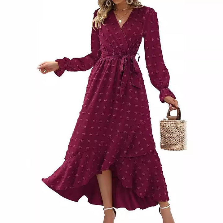 Women's Wrap Dress - V-Neck Tie Waist - Long Sleeve High-Low Hem - Elegant Flowy Fit