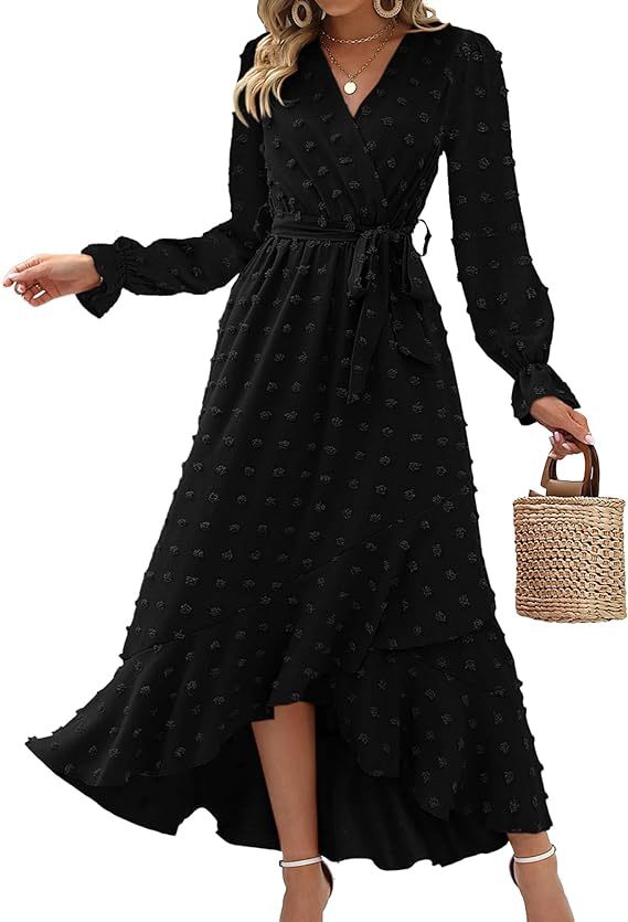 Women's Wrap Dress - V-Neck Tie Waist - Long Sleeve High-Low Hem - Elegant Flowy Fit