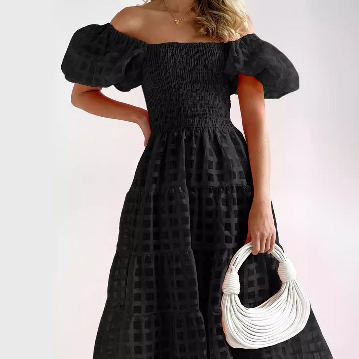 Women’s Maxi Dress – Off-Shoulder Puff Sleeves – Smocked Waist – Flowing Tiered Skirt – Lightweight Breathable Fabric