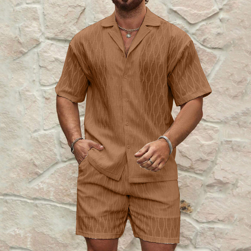 Men’s Two-Piece Set – Button-Up Shirt & Shorts – Relaxed Fit – Notched Collar – Lightweight Cotton