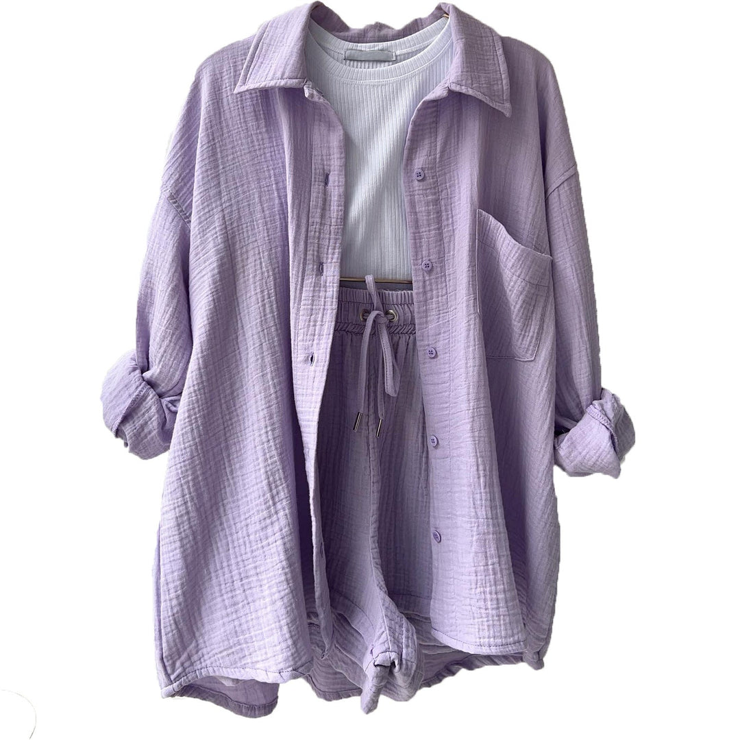 Women’s Two-Piece Set – Relaxed Crinkled Shirt – High-Waisted Drawstring Shorts