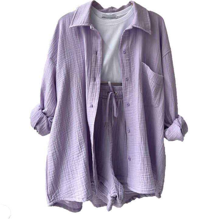 Women’s Two-Piece Set – Relaxed Crinkled Shirt – High-Waisted Drawstring Shorts