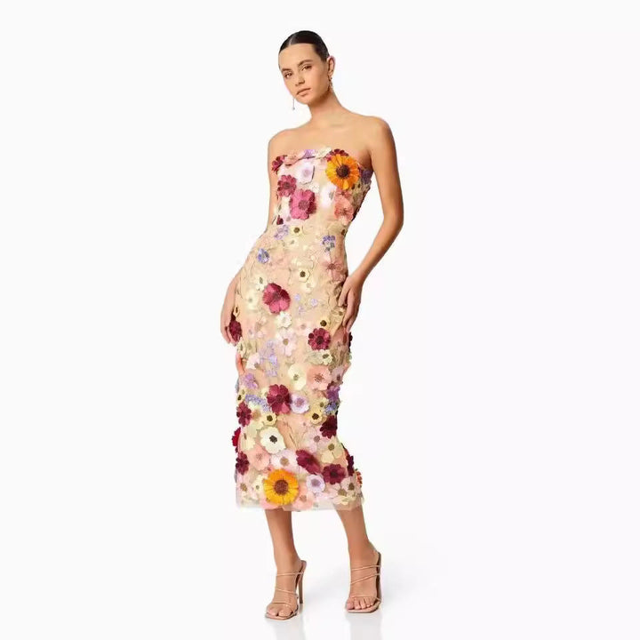 Women’s Strapless Dress – Slim Fit – Sheer Mesh – 3D Floral Appliqué – Midi Length