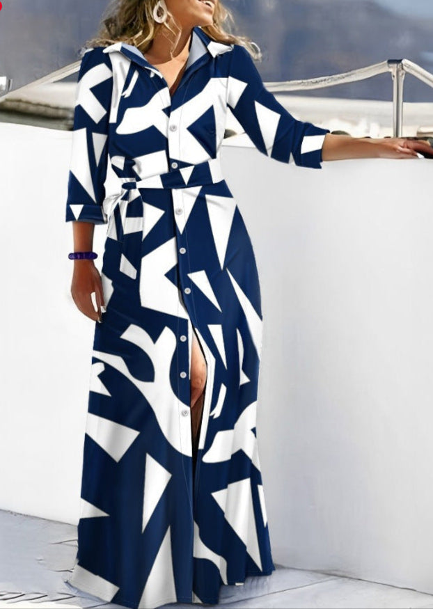 Women’s Shirt Dress – Belted Waist – Long Sleeve – Button Front – Abstract Print
