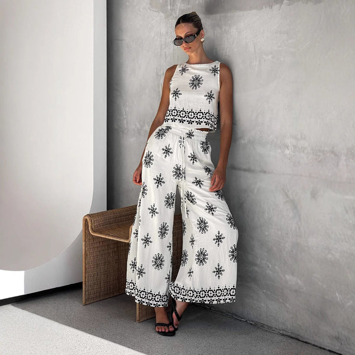 Women’s Two-Piece Set – Embroidered Crop Top & High-Waist Wide-Leg Pants – Lightweight Fabric