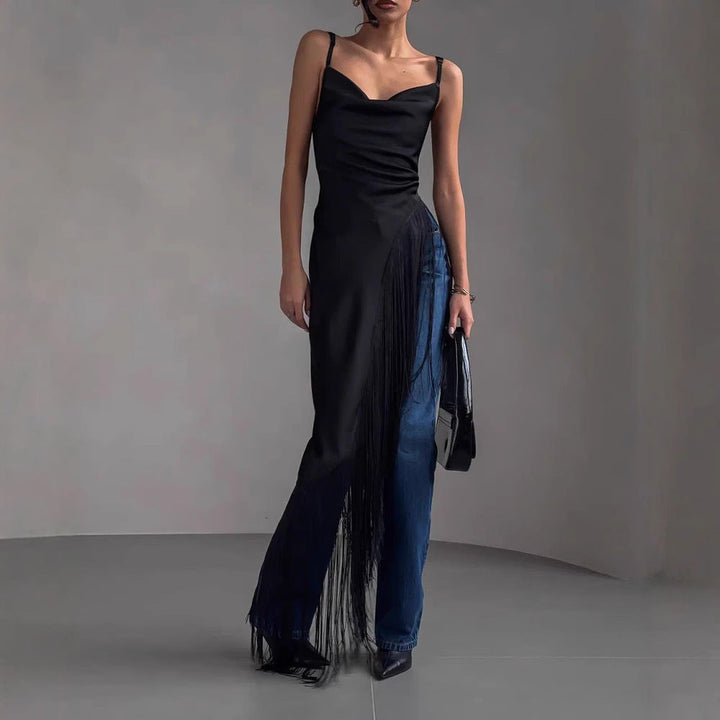 Women’s Slip Dress – Asymmetrical Fit – Spaghetti Straps – Draped Fringe Accent