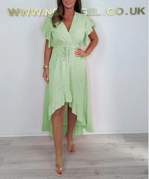 Women’s Wrap Dress – Luxury Fabric – Midi Length – High-Low Hem – Ruffled Sleeves