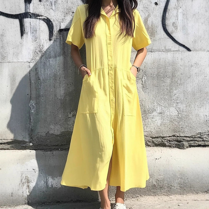 Women’s Shirt Dress – Relaxed Fit – Button-Down – Midi Length – Short Sleeve