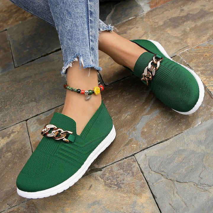 Women’s Loafers - Knit Slip-On - Soft Sole Comfort - Chain Detail Casual Fit