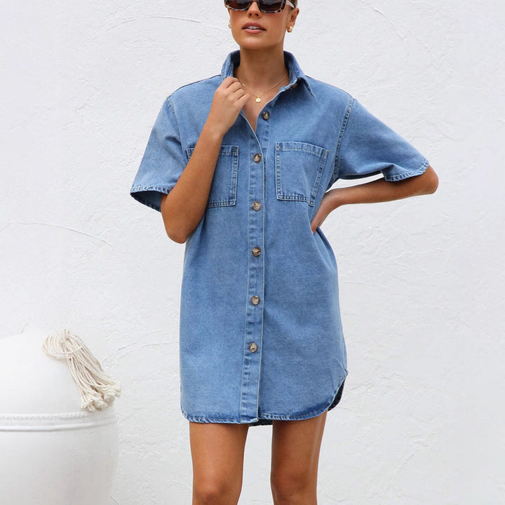 Women’s Shirt Dress – Denim – Relaxed Fit – Short Sleeve – Button-Down – Chest Pockets