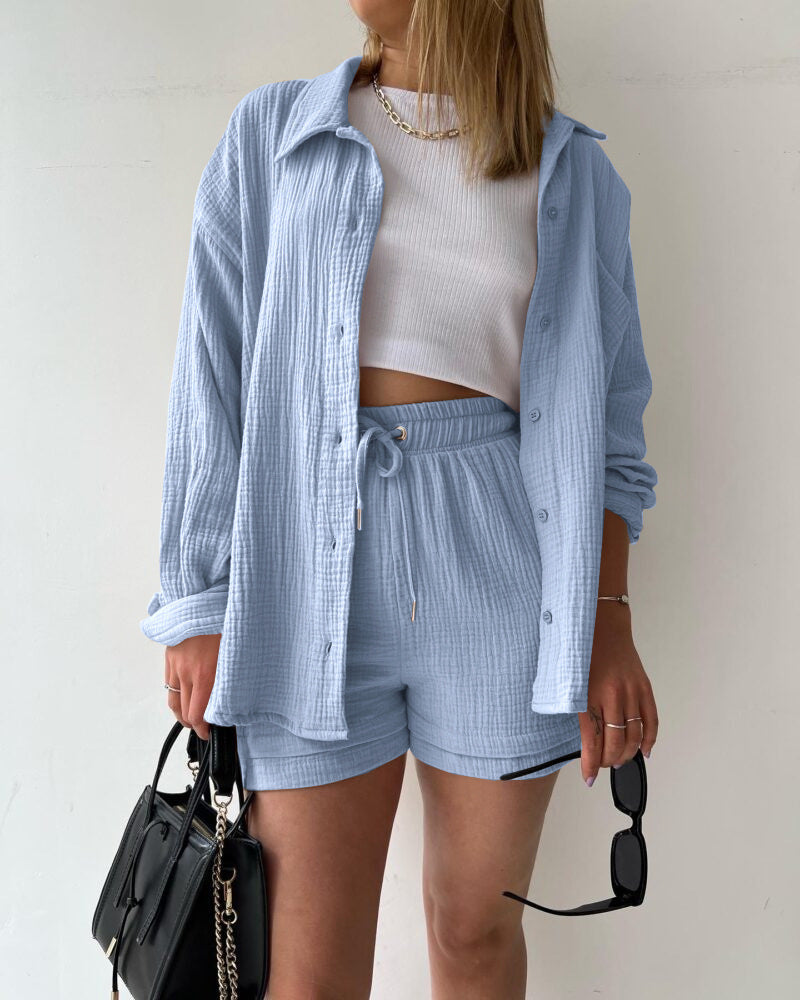Women’s Two-Piece Set – Relaxed Crinkled Shirt – High-Waisted Drawstring Shorts