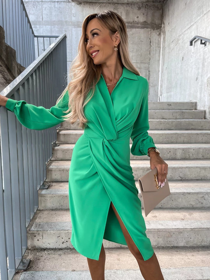Women’s Midi Dress – Draped Wrap Bodice – V-Neck – Fitted Waist – Long Sleeve – Front Slit