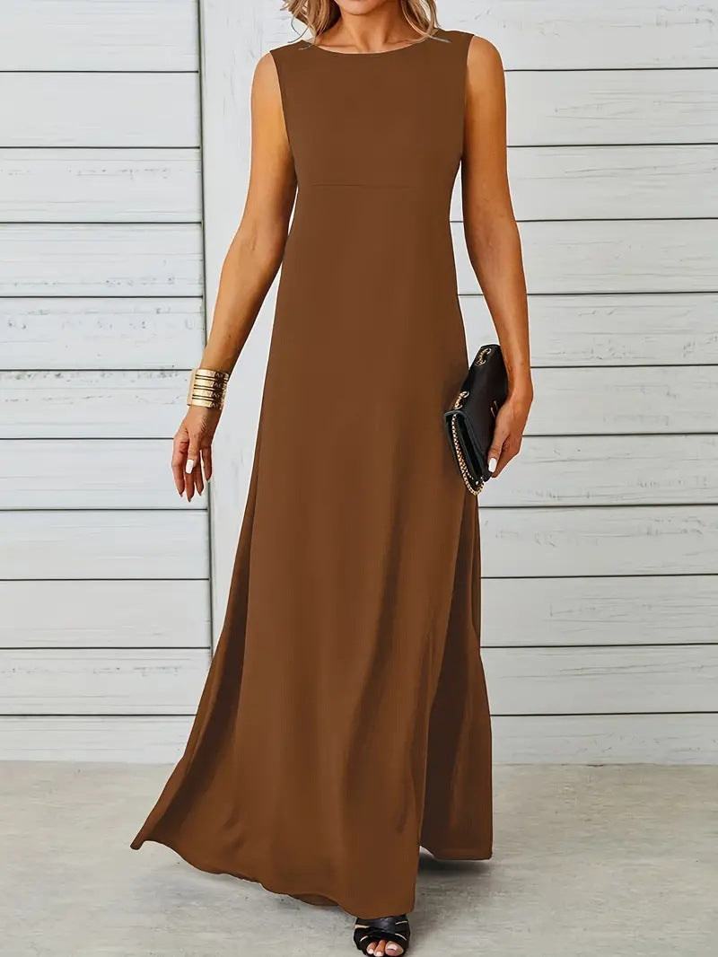 Women’s Maxi Dress – Sleeveless A-Line – Lightweight Fabric – High Neck Minimalist Style