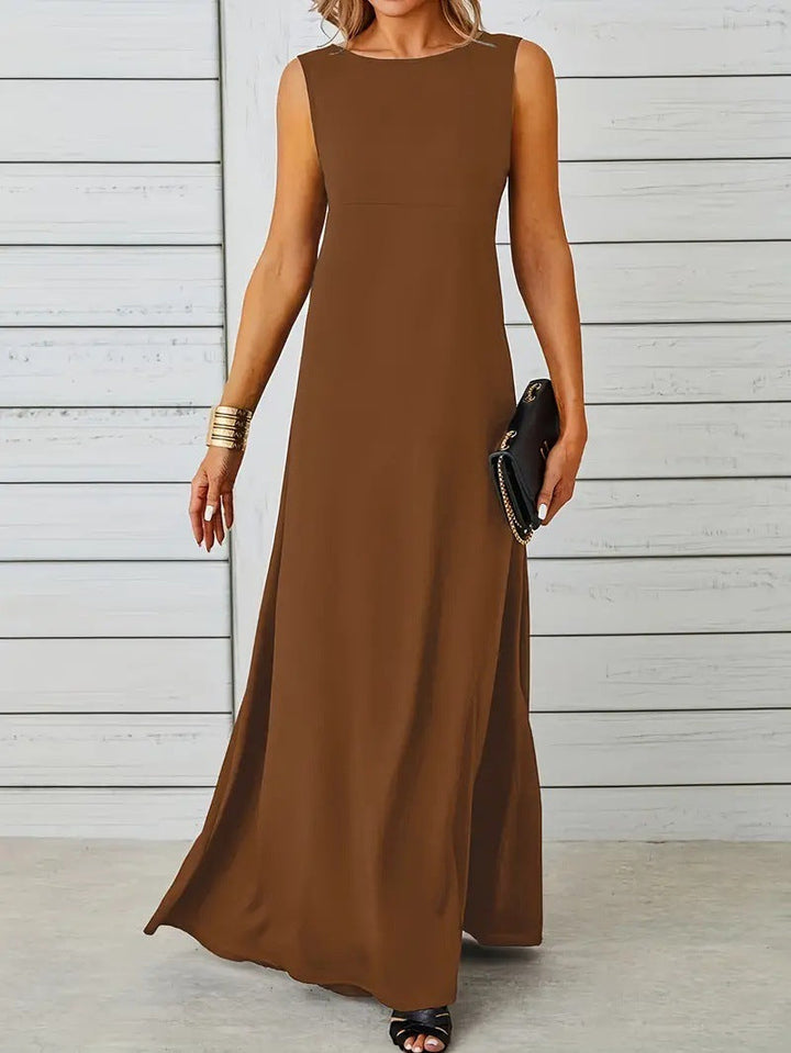 Women’s Maxi Dress – Sleeveless A-Line – Lightweight Fabric – High Neck Minimalist Style
