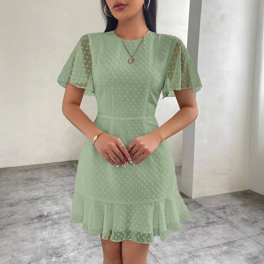 Women’s Dress - Fit and Flare - Flutter Sleeve - Textured Dot - Crew Neck - Ruffle Hem