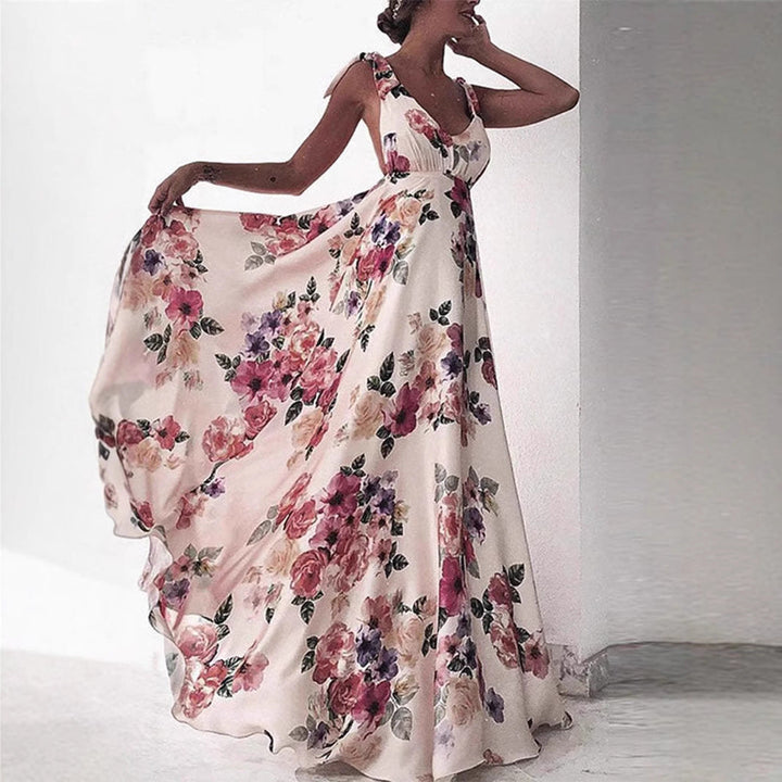 Women’s Maxi Dress – V-Neck A-Line – Ruffle Cap Sleeves – Fitted Waist – Floral Print