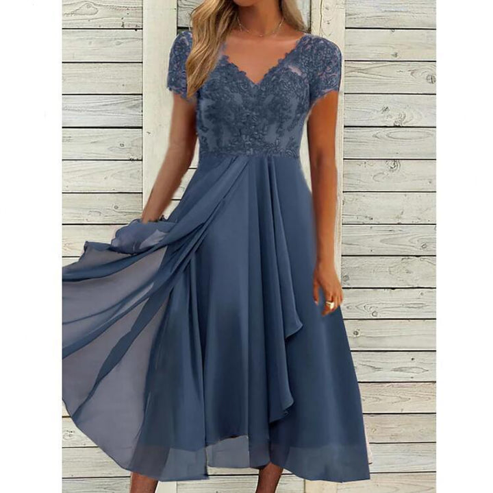 Women's Maxi Dress - Short Sleeve - V-Neck Lace Bodice