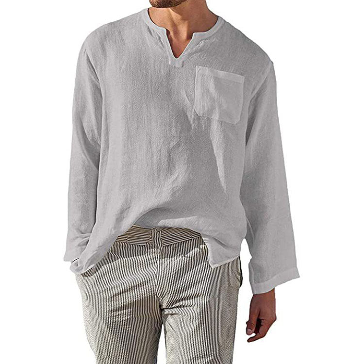 Men’s Long Sleeve Shirt - Linen Cotton Blend - Relaxed Fit - Band Collar Casual Wear