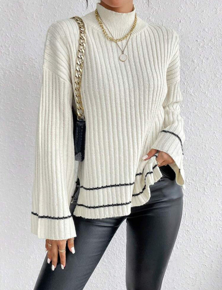 Women’s Knitted Sweater - Oversized Fit - Ribbed Texture - Mock Neck - Long Sleeve