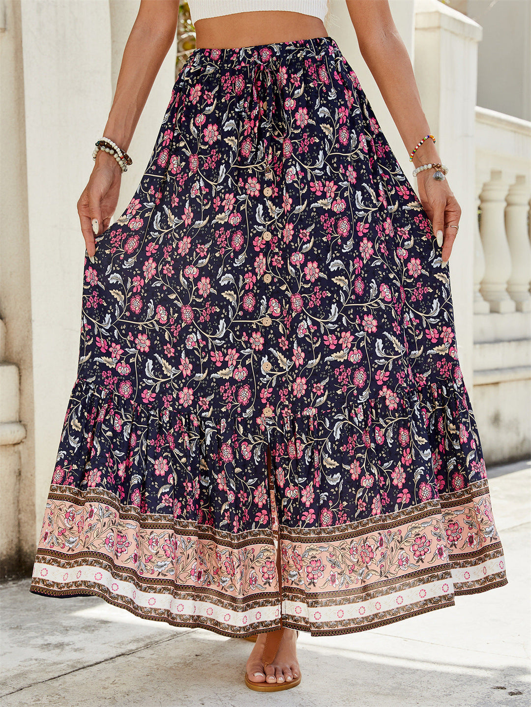Women’s Maxi Skirt – Flowy Fit – Tiered Boho Style – Natural Fibers – Floral Pattern