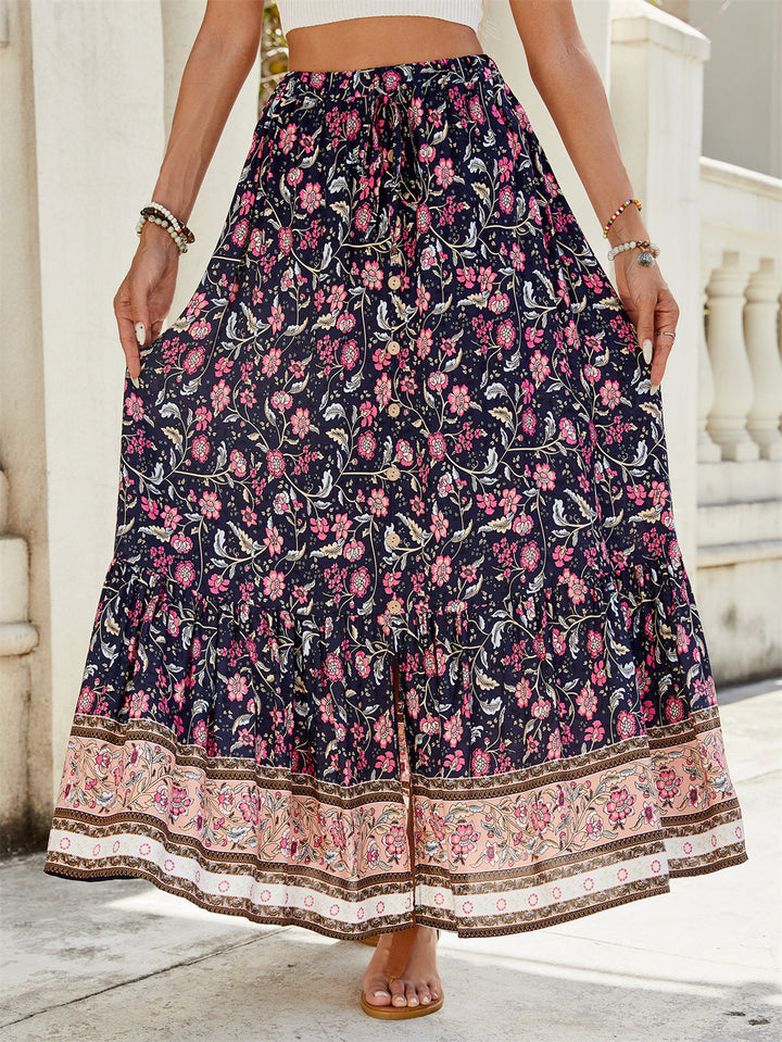 Women’s Maxi Skirt – Flowy Fit – Tiered Boho Style – Natural Fibers – Floral Pattern