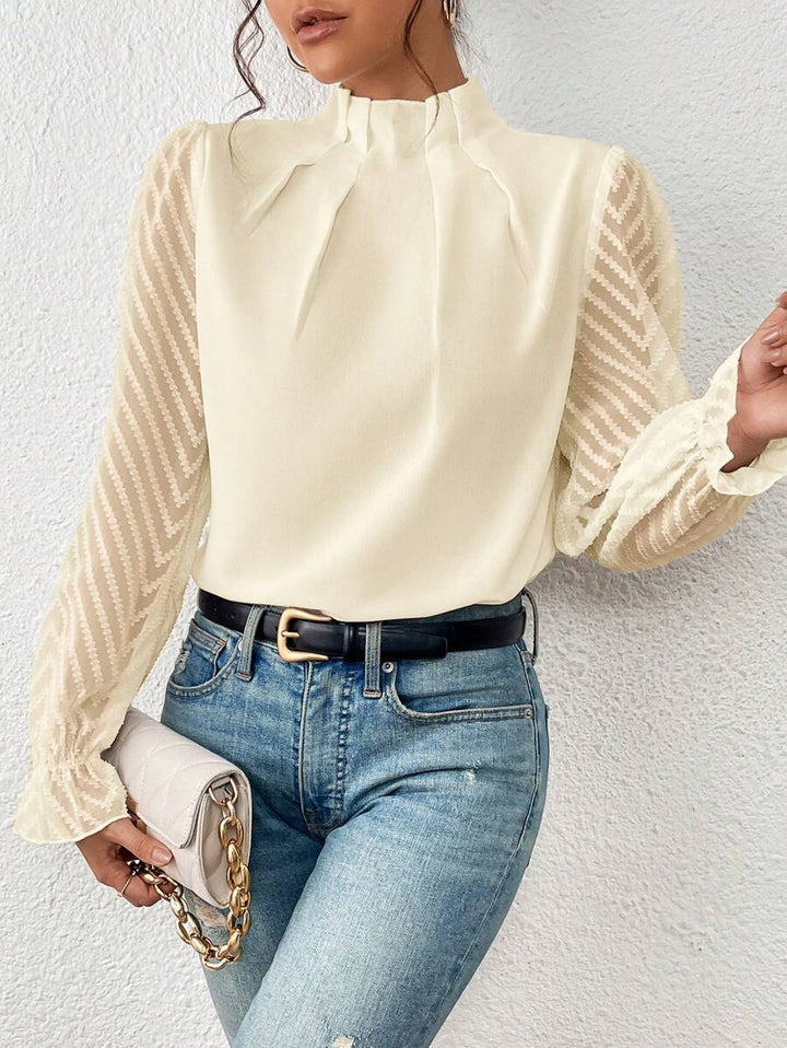 Women’s Blouse – Relaxed Fit – High Neck – Sheer Sleeves – Elegant Silhouette