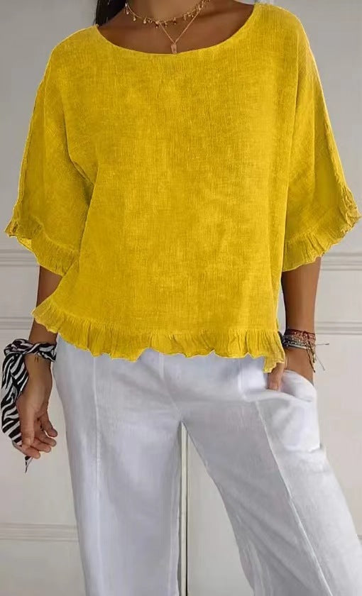 Women’s Blouse – Cotton Linen – Relaxed Fit – Ruffle Hem – Round Neck – Short Sleeve