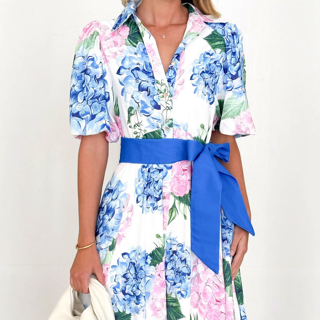 Women’s Maxi Dress – V-Neck – Short Sleeve – A-Line Fit – Waist Tie – Flowing Skirt