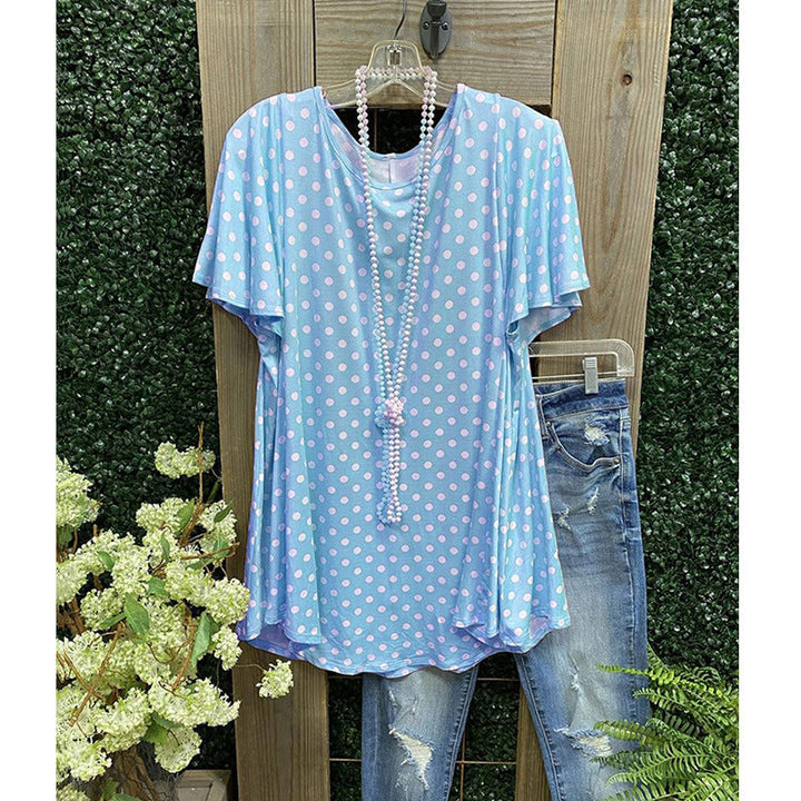Women’s Tunic Top – Loose Fit – Short Sleeve – Soft Breathable Blend – Polka Dot
