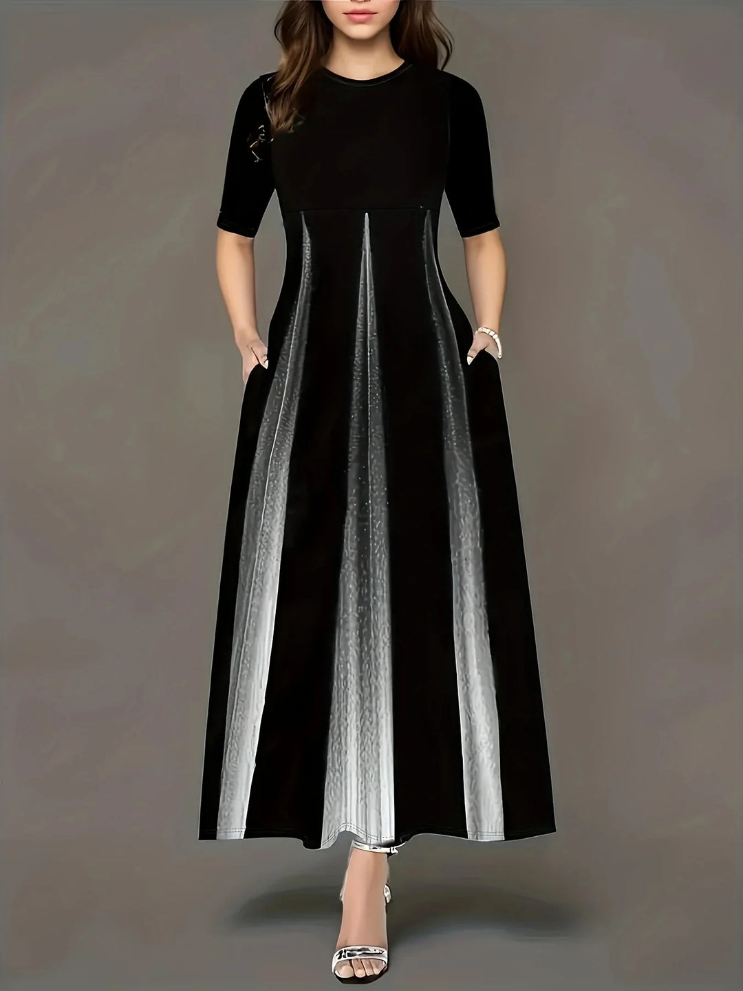 Women’s Maxi Dress – Flowing Fit – Pleated Skirt – Short Sleeve – Side Pockets