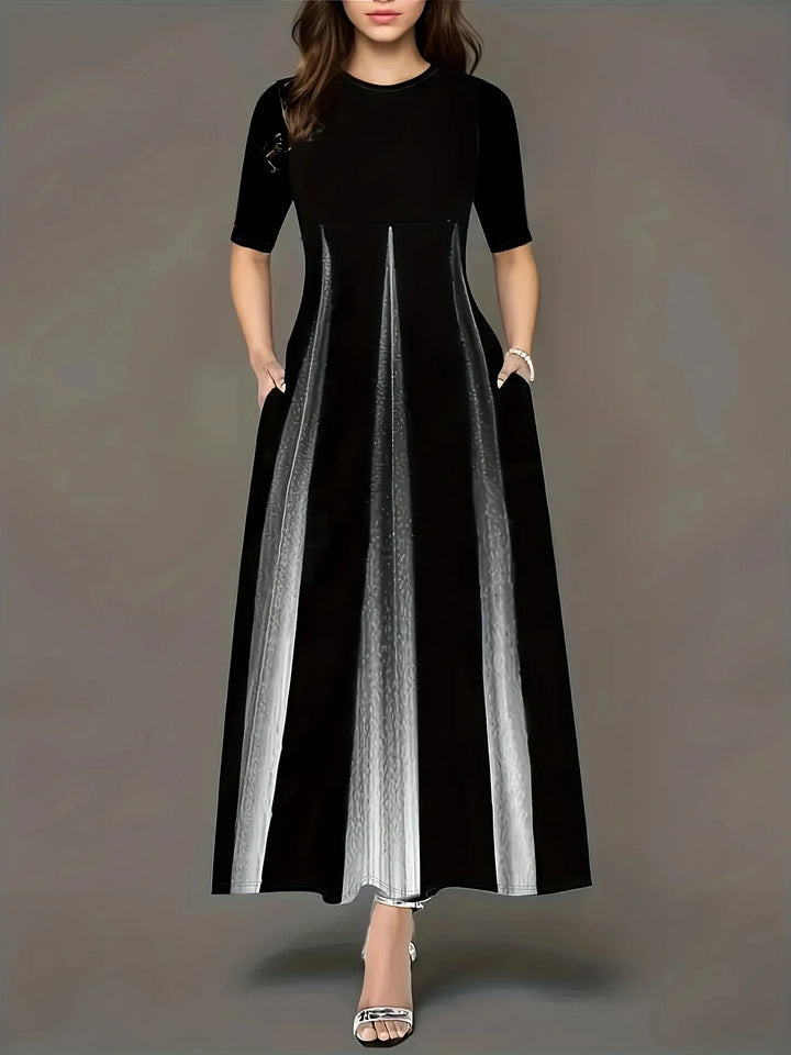 Women’s Maxi Dress – Flowing Fit – Pleated Skirt – Short Sleeve – Side Pockets