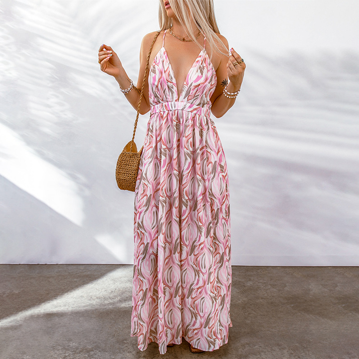 Women’s Maxi Dress – Flowy Fit – Deep V-Neck – Sleeveless Casual Style
