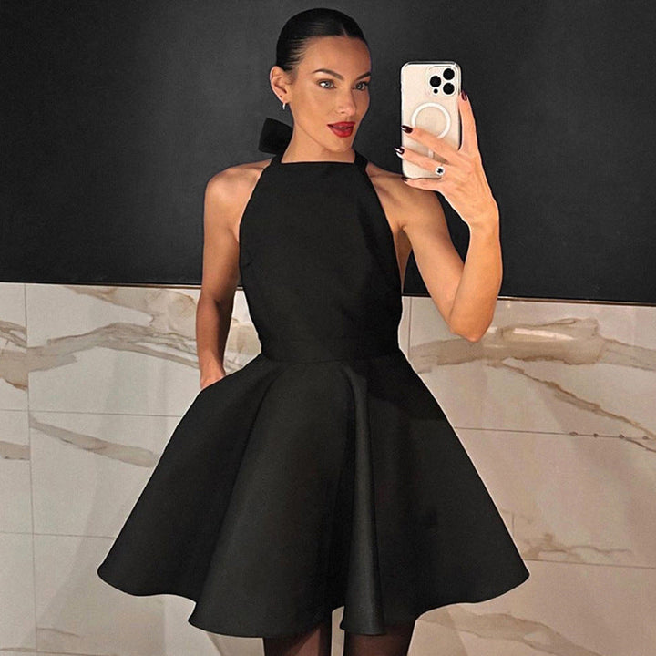 Women’s Halter Dress – Fit and Flare – A-Line Silhouette – Backless Elegant Cocktail Wear