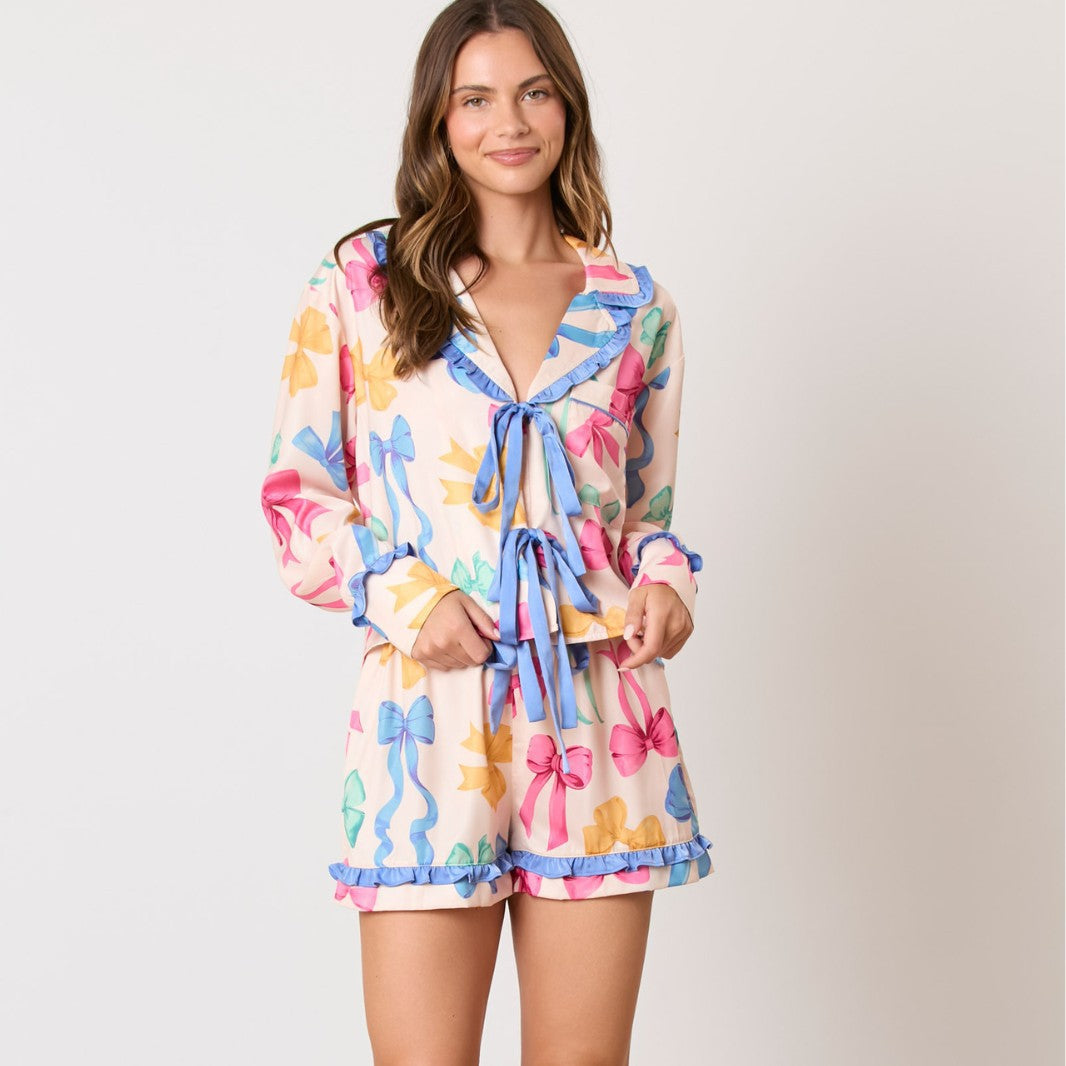 Women’s Pajama Set – Soft Cotton Feel – Button-Up Top – Elastic Waist Shorts – Bow Print