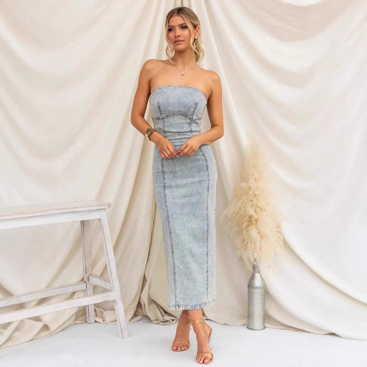 Women’s Denim Dress – Strapless – Slim Fit – Midi Length – Structured Seam Detail