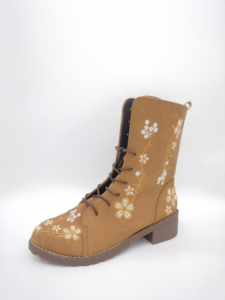 Women’s Mid-Calf Boots – Embroidered Floral – Round Toe – Block Heel – Lace-Up Zip