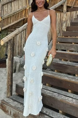 Women’s Maxi Dress - Slim Fit - V-Neck - Spaghetti Straps - 3D Floral Appliqués